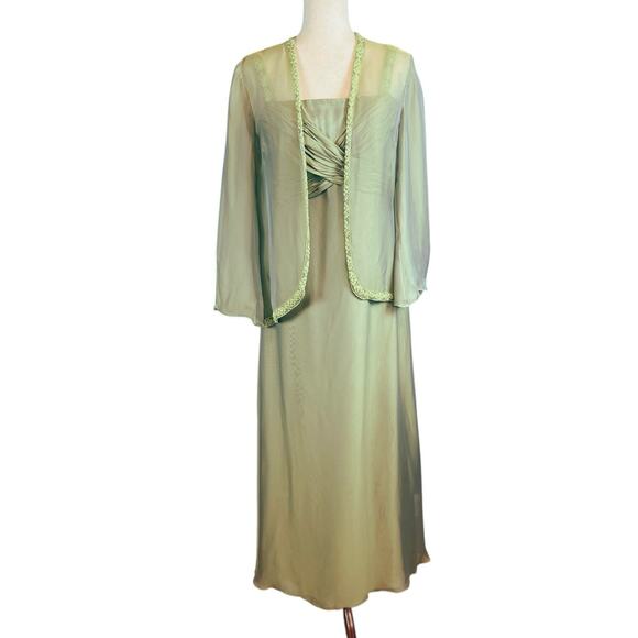 Cameron Blake Two Piece Formal Silk Chiffon Gown Jacket Dress Green Beaded Sz 10 - Picture 1 of 11